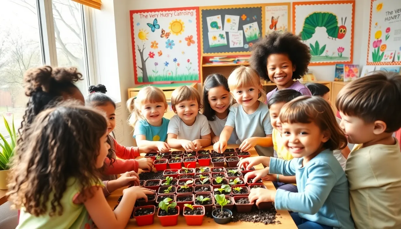 children planting seeds in a cheerful preschool classroom.