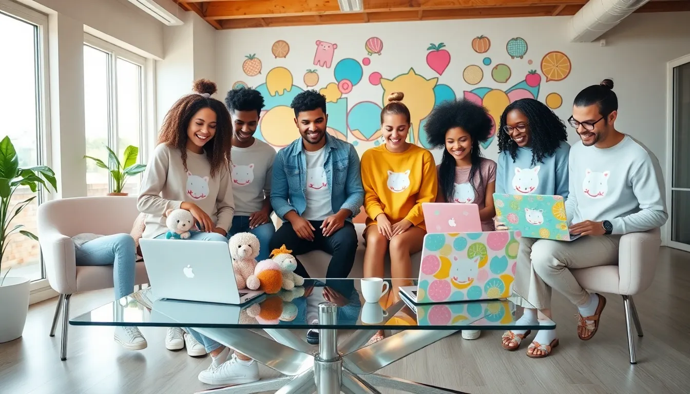 diverse group embracing the velerycute aesthetic in a vibrant office setting.